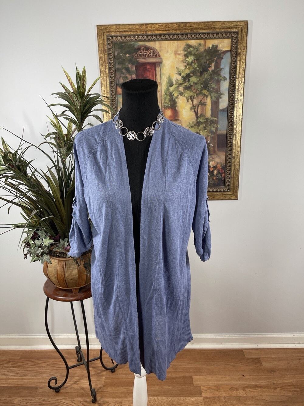 Talbots Blue Linen Blend Open Front Cardigan Roll Tab Sleeve Womens Small